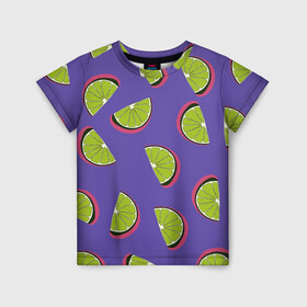 Детская футболка 3D с принтом Лаймы , 100% гипоаллергенный полиэфир | прямой крой, круглый вырез горловины, длина до линии бедер, чуть спущенное плечо, ткань немного тянется | зелёная | лайм | фиолетовая | фрукты | цитрус