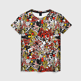 Женская футболка 3D с принтом Абстрактный разноцветный узор , 100% полиэфир ( синтетическое хлопкоподобное полотно) | прямой крой, круглый вырез горловины, длина до линии бедер | абстрактный | граффити | желтый | красный | мазня | молодежный | популярный | разноцветный | рисунок | современный | черный