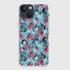 Чехол для iPhone 13 mini с принтом Розово голубой тропический ,  |  | листья | листья монстеры | монстера | папоротник | пляжный | тропический | цветочный