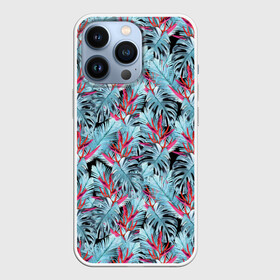 Чехол для iPhone 13 Pro с принтом Розово голубой тропический ,  |  | Тематика изображения на принте: листья | листья монстеры | монстера | папоротник | пляжный | тропический | цветочный
