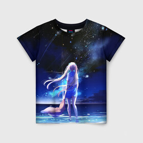 Детская футболка 3D с принтом Animegirl Night Sea , 100% гипоаллергенный полиэфир | прямой крой, круглый вырез горловины, длина до линии бедер, чуть спущенное плечо, ткань немного тянется | аниме девушка | градиент | девочка | звезды | луна | море | на каждый день | небо | облака | океан | персонаж | синее | синий
