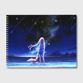 Альбом для рисования с принтом Animegirl Night Sea , 100% бумага
 | матовая бумага, плотность 200 мг. | аниме девушка | градиент | девочка | звезды | луна | море | на каждый день | небо | облака | океан | персонаж | синее | синий