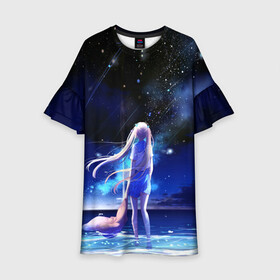 Детское платье 3D с принтом Animegirl Night Sea , 100% полиэстер | прямой силуэт, чуть расширенный к низу. Круглая горловина, на рукавах — воланы | аниме девушка | градиент | девочка | звезды | луна | море | на каждый день | небо | облака | океан | персонаж | синее | синий