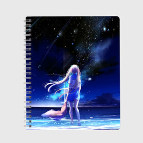 Тетрадь с принтом Animegirl Night Sea , 100% бумага | 48 листов, плотность листов — 60 г/м2, плотность картонной обложки — 250 г/м2. Листы скреплены сбоку удобной пружинной спиралью. Уголки страниц и обложки скругленные. Цвет линий — светло-серый
 | аниме девушка | градиент | девочка | звезды | луна | море | на каждый день | небо | облака | океан | персонаж | синее | синий