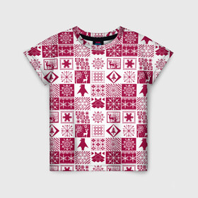 Детская футболка 3D с принтом Новогодний рождественский узор , 100% гипоаллергенный полиэфир | прямой крой, круглый вырез горловины, длина до линии бедер, чуть спущенное плечо, ткань немного тянется | Тематика изображения на принте: белый и красный | зимний | красный | новогодний | пэчворк | рождественский | скандинавский | этнический узор