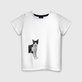 Детская футболка хлопок с принтом смотрящая кошка , 100% хлопок | круглый вырез горловины, полуприлегающий силуэт, длина до линии бедер | голова | домашнее животное | животное | зверь | кот | котёнок | кошка