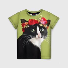Детская футболка 3D с принтом Кот и цветы , 100% гипоаллергенный полиэфир | прямой крой, круглый вырез горловины, длина до линии бедер, чуть спущенное плечо, ткань немного тянется | cat | домашние животные | кот | коты | кошка | кошки | цветы | черный кот