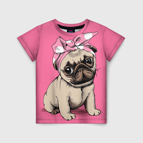 Детская футболка 3D с принтом Мопс | собака , 100% гипоаллергенный полиэфир | прямой крой, круглый вырез горловины, длина до линии бедер, чуть спущенное плечо, ткань немного тянется | dog | дог | домашние животные | звери | мопс | мопсик | розовое | собака | собаки | собачка | собачки