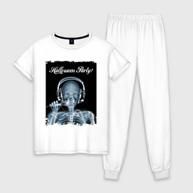 Женская пижама хлопок с принтом Halloween Party , 100% хлопок | брюки и футболка прямого кроя, без карманов, на брюках мягкая резинка на поясе и по низу штанин | halloween | party | skeleton | x ray | вечеринка | рентген | скелет | хэллоуин