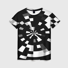 Женская футболка 3D с принтом Черно-белый фон иллюзии , 100% полиэфир ( синтетическое хлопкоподобное полотно) | прямой крой, круглый вырез горловины, длина до линии бедер | абстрактный | геометрический | дизайн | иллюзия | кривая | линии | пиксель | текстура | узор