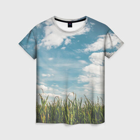 Женская футболка 3D с принтом Небушко и полюшко , 100% полиэфир ( синтетическое хлопкоподобное полотно) | прямой крой, круглый вырез горловины, длина до линии бедер | небо | облака | пейзаж | поле | русский | славянский | фотопринт