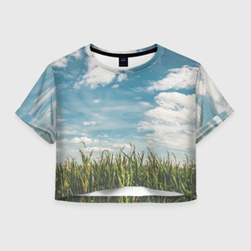 Женская футболка Crop-top 3D с принтом Небушко и полюшко , 100% полиэстер | круглая горловина, длина футболки до линии талии, рукава с отворотами | небо | облака | пейзаж | поле | русский | славянский | фотопринт