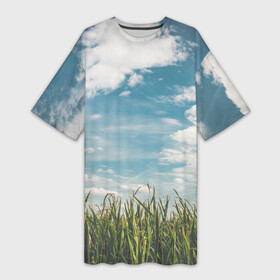 Платье-футболка 3D с принтом Небушко и полюшко ,  |  | небо | облака | пейзаж | поле | русский | славянский | фотопринт