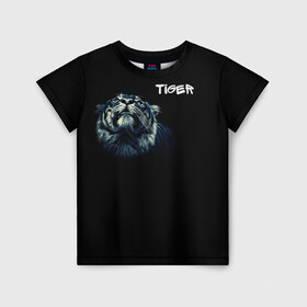 Детская футболка 3D с принтом Тигр , 100% гипоаллергенный полиэфир | прямой крой, круглый вырез горловины, длина до линии бедер, чуть спущенное плечо, ткань немного тянется | дикие животные | надпись | синий | тигр