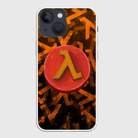 Чехол для iPhone 13 mini с принтом ЛОГО КНОПКА | HALF LIFE (Z) ,  |  | Тематика изображения на принте: aperture laboratories | black mesa | gordon freeman | half life | half life 3 | logo | valve | блэк меса | вэлв | гордон фриман | лого | халф лайф