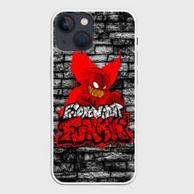 Чехол для iPhone 13 mini с принтом Friday Night Funkin TrickyWall ,  |  | black | brick | character | clown | demon | fire | fnf | friday night funkin | red | tricky | white | белый | буквы | демон | игра | картинка | кирпич | клоун | красный | логотип | микрофон | огонь | персонаж | рисовка | трещины | трики | фра