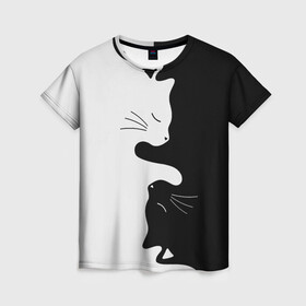 Женская футболка 3D с принтом Коты инь янь , 100% полиэфир ( синтетическое хлопкоподобное полотно) | прямой крой, круглый вырез горловины, длина до линии бедер | cat | домашние животные | звери | инь и янь | инь янь | кот | коты | кошка | кошки | черно белое | чернобелое | черное и белое