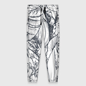Женские брюки 3D с принтом Тропические листья , полиэстер 100% | прямой крой, два кармана без застежек по бокам, с мягкой трикотажной резинкой на поясе и по низу штанин. В поясе для дополнительного комфорта — широкие завязки | plants | растения | тропические листья | цветы | чёрно белые листья