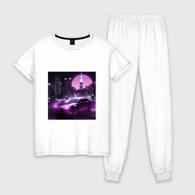 Женская пижама хлопок с принтом Neon Citroen , 100% хлопок | брюки и футболка прямого кроя, без карманов, на брюках мягкая резинка на поясе и по низу штанин | citroen | city | neon | sunset | авто | город | закат | неон | ночь | ситроен