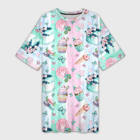 Платье-футболка 3D с принтом Сладости и бабочки. Акварель ,  |  | акварель | акварельный | акварельный фон | бабочки | десерты | капкейки | кондитерский | макарун | пастельный | сладости | тортики | торты | цветы
