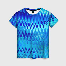 Женская футболка 3D с принтом Синий-голубой абстрактный узор , 100% полиэфир ( синтетическое хлопкоподобное полотно) | прямой крой, круглый вырез горловины, длина до линии бедер | абстрактный | волны | зигзаг | размытый узор | синий | современный