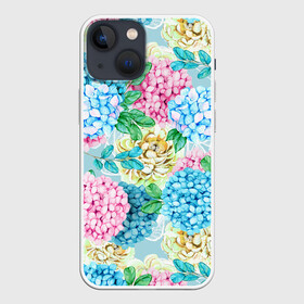 Чехол для iPhone 13 mini с принтом Гортензия в сказочном саду ,  |  | hydrangea | гортензии | гортензия | листья | пионы | сад | сказка | сказочный | цветочный | цветы