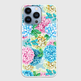 Чехол для iPhone 13 Pro с принтом Гортензия в сказочном саду ,  |  | hydrangea | гортензии | гортензия | листья | пионы | сад | сказка | сказочный | цветочный | цветы