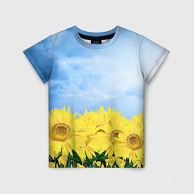 Детская футболка 3D с принтом Подсолнухи , 100% гипоаллергенный полиэфир | прямой крой, круглый вырез горловины, длина до линии бедер, чуть спущенное плечо, ткань немного тянется | flowers | sky | summer | sunflowers | лето | небо | подсолнухи | цветы