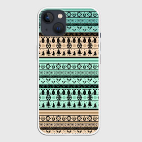 Чехол для iPhone 13 с принтом Новогодний зимний орнамент ,  |  | бирюзовые полосы | коричневый и бирюзовый | орнамент | полосы | рождественский | скандинавский узор | этнический