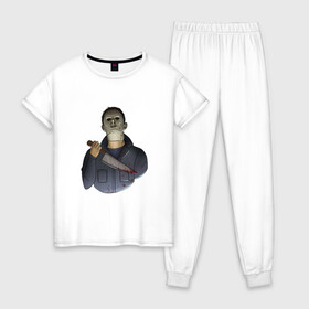 Женская пижама хлопок с принтом Майкл Dead by daylight , 100% хлопок | брюки и футболка прямого кроя, без карманов, на брюках мягкая резинка на поясе и по низу штанин | Тематика изображения на принте: killer | michael myers | майкл майерс
