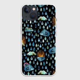 Чехол для iPhone 13 с принтом Дождливая осень.Солнце, облака ,  |  | autumn | pattern | raibow | rain | raindrops | sun | watercolor | акварель | дизайн | дождливый | дождь | закат | капли | коллаж | ливень | морось | непогода | облака | осень | паттерн | погода | природа | радуга | рассвет | солнце