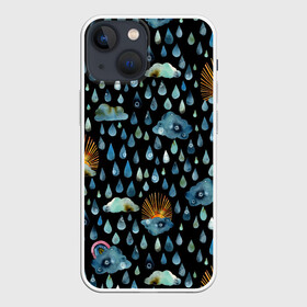 Чехол для iPhone 13 mini с принтом Дождливая осень.Солнце, облака ,  |  | autumn | pattern | raibow | rain | raindrops | sun | watercolor | акварель | дизайн | дождливый | дождь | закат | капли | коллаж | ливень | морось | непогода | облака | осень | паттерн | погода | природа | радуга | рассвет | солнце