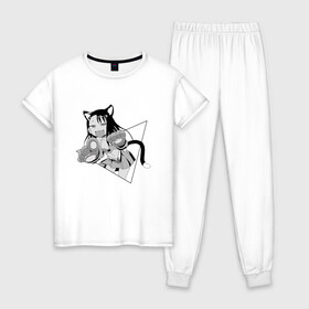 Женская пижама хлопок с принтом Нагаторо-сан кошечка , 100% хлопок | брюки и футболка прямого кроя, без карманов, на брюках мягкая резинка на поясе и по низу штанин | аниме | кошка | нагаторо | неко | садистка | ученица | хаясэ | школьница