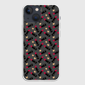 Чехол для iPhone 13 mini с принтом Красная Губная помада ,  |  | в горошек | для девочки | женский | золотое сердце | косметика | красная помада | любовь | помада | ретро | сердце | серый | черный фон