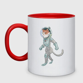 Кружка двухцветная с принтом Рыжий космонавт , керамика | объем — 330 мл, диаметр — 80 мм. Цветная ручка и кайма сверху, в некоторых цветах — вся внутренняя часть | Тематика изображения на принте: арт | астронавт | космонавт | космос | кот | котейка | кошка | рисунок | рыжая кошка | рыжий кот | скафандр