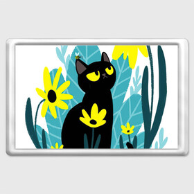 Магнит 45*70 с принтом Кот и цветок , Пластик | Размер: 78*52 мм; Размер печати: 70*45 | арт | жёлтые цветы | жёлтый цветок | космос | кот | котейка | кошка | полевой цветок | полевые цветы | пчела | рисунок | цветок | цветы | чёрная кошка | чёрный кот | чёрный котейка