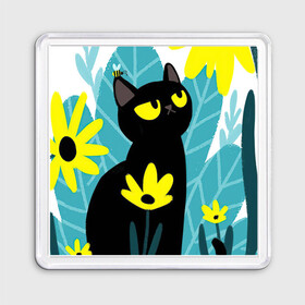 Магнит 55*55 с принтом Кот и цветок , Пластик | Размер: 65*65 мм; Размер печати: 55*55 мм | Тематика изображения на принте: арт | жёлтые цветы | жёлтый цветок | космос | кот | котейка | кошка | полевой цветок | полевые цветы | пчела | рисунок | цветок | цветы | чёрная кошка | чёрный кот | чёрный котейка