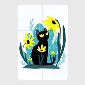 Магнитный плакат 2Х3 с принтом Кот и цветок , Полимерный материал с магнитным слоем | 6 деталей размером 9*9 см | арт | жёлтые цветы | жёлтый цветок | космос | кот | котейка | кошка | полевой цветок | полевые цветы | пчела | рисунок | цветок | цветы | чёрная кошка | чёрный кот | чёрный котейка