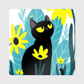 Магнит виниловый Квадрат с принтом Кот и цветок , полимерный материал с магнитным слоем | размер 9*9 см, закругленные углы | арт | жёлтые цветы | жёлтый цветок | космос | кот | котейка | кошка | полевой цветок | полевые цветы | пчела | рисунок | цветок | цветы | чёрная кошка | чёрный кот | чёрный котейка