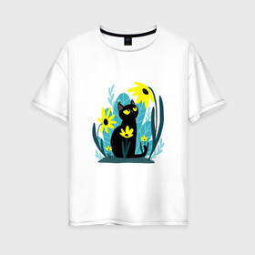 Женская футболка хлопок Oversize с принтом Кот и цветок , 100% хлопок | свободный крой, круглый ворот, спущенный рукав, длина до линии бедер
 | арт | жёлтые цветы | жёлтый цветок | космос | кот | котейка | кошка | полевой цветок | полевые цветы | пчела | рисунок | цветок | цветы | чёрная кошка | чёрный кот | чёрный котейка