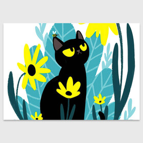 Поздравительная открытка с принтом Кот и цветок , 100% бумага | плотность бумаги 280 г/м2, матовая, на обратной стороне линовка и место для марки
 | Тематика изображения на принте: арт | жёлтые цветы | жёлтый цветок | космос | кот | котейка | кошка | полевой цветок | полевые цветы | пчела | рисунок | цветок | цветы | чёрная кошка | чёрный кот | чёрный котейка