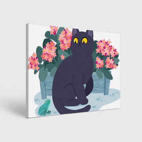 Холст прямоугольный с принтом Кот, лягушка и клумба , 100% ПВХ |  | Тематика изображения на принте: арт | клумба | космос | кот | котейка | кошка | лягушка | рисунок | розовые цветы | розовый цветок | цветы | чёрная кошка | чёрный кот