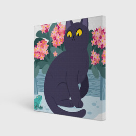 Холст квадратный с принтом Кот, лягушка и клумба , 100% ПВХ |  | Тематика изображения на принте: арт | клумба | космос | кот | котейка | кошка | лягушка | рисунок | розовые цветы | розовый цветок | цветы | чёрная кошка | чёрный кот