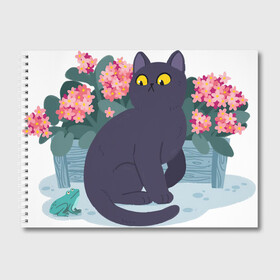 Альбом для рисования с принтом Кот, лягушка и клумба , 100% бумага
 | матовая бумага, плотность 200 мг. | Тематика изображения на принте: арт | клумба | космос | кот | котейка | кошка | лягушка | рисунок | розовые цветы | розовый цветок | цветы | чёрная кошка | чёрный кот