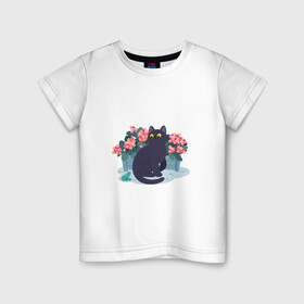 Детская футболка хлопок с принтом Кот, лягушка и клумба , 100% хлопок | круглый вырез горловины, полуприлегающий силуэт, длина до линии бедер | Тематика изображения на принте: арт | клумба | космос | кот | котейка | кошка | лягушка | рисунок | розовые цветы | розовый цветок | цветы | чёрная кошка | чёрный кот