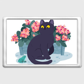Магнит 45*70 с принтом Кот, лягушка и клумба , Пластик | Размер: 78*52 мм; Размер печати: 70*45 | Тематика изображения на принте: арт | клумба | космос | кот | котейка | кошка | лягушка | рисунок | розовые цветы | розовый цветок | цветы | чёрная кошка | чёрный кот