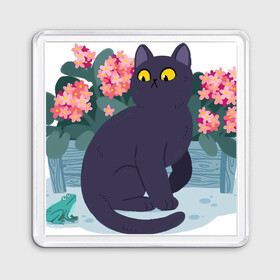 Магнит 55*55 с принтом Кот, лягушка и клумба , Пластик | Размер: 65*65 мм; Размер печати: 55*55 мм | Тематика изображения на принте: арт | клумба | космос | кот | котейка | кошка | лягушка | рисунок | розовые цветы | розовый цветок | цветы | чёрная кошка | чёрный кот