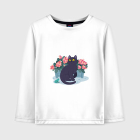 Детский лонгслив хлопок с принтом Кот, лягушка и клумба , 100% хлопок | круглый вырез горловины, полуприлегающий силуэт, длина до линии бедер | Тематика изображения на принте: арт | клумба | космос | кот | котейка | кошка | лягушка | рисунок | розовые цветы | розовый цветок | цветы | чёрная кошка | чёрный кот