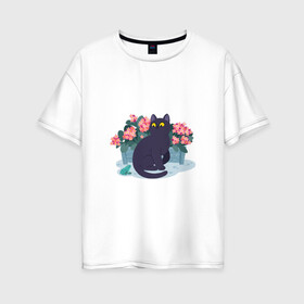 Женская футболка хлопок Oversize с принтом Кот, лягушка и клумба , 100% хлопок | свободный крой, круглый ворот, спущенный рукав, длина до линии бедер
 | арт | клумба | космос | кот | котейка | кошка | лягушка | рисунок | розовые цветы | розовый цветок | цветы | чёрная кошка | чёрный кот