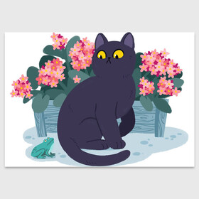 Поздравительная открытка с принтом Кот, лягушка и клумба , 100% бумага | плотность бумаги 280 г/м2, матовая, на обратной стороне линовка и место для марки
 | Тематика изображения на принте: арт | клумба | космос | кот | котейка | кошка | лягушка | рисунок | розовые цветы | розовый цветок | цветы | чёрная кошка | чёрный кот